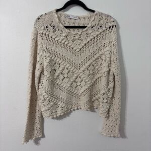 Zara Womens M Cream Crochet Open Knit Crew Neck Sweater Beachy Boho Cottagecore‎